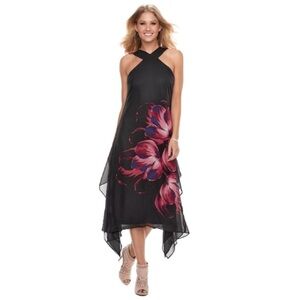 JENNIFER LOPEZ Dress Crossover Neck Chiffon Midi Handkerchief Black Pink Women S